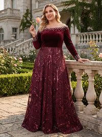Velvet Sequin Long Sleeves A Line Mother of the Bride/Groom Dresses Off the Shoulder Floor Length with Pearl