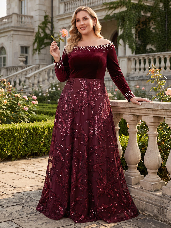 Velvet Sequin Long Sleeves A Line Mother of the Bride/Groom Dresses Off the Shoulder Floor Length with Pearl