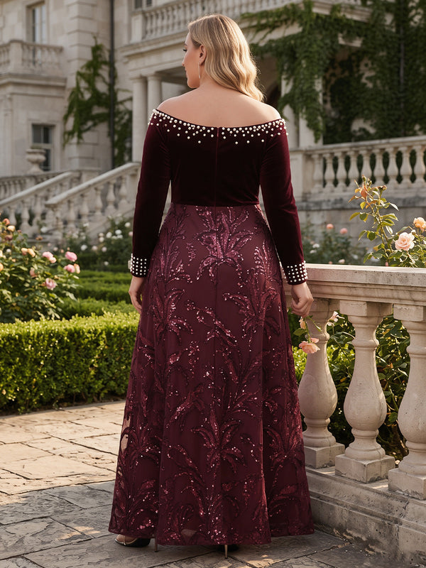 Velvet Sequin Long Sleeves A Line Mother of the Bride/Groom Dresses Off the Shoulder Floor Length with Pearl