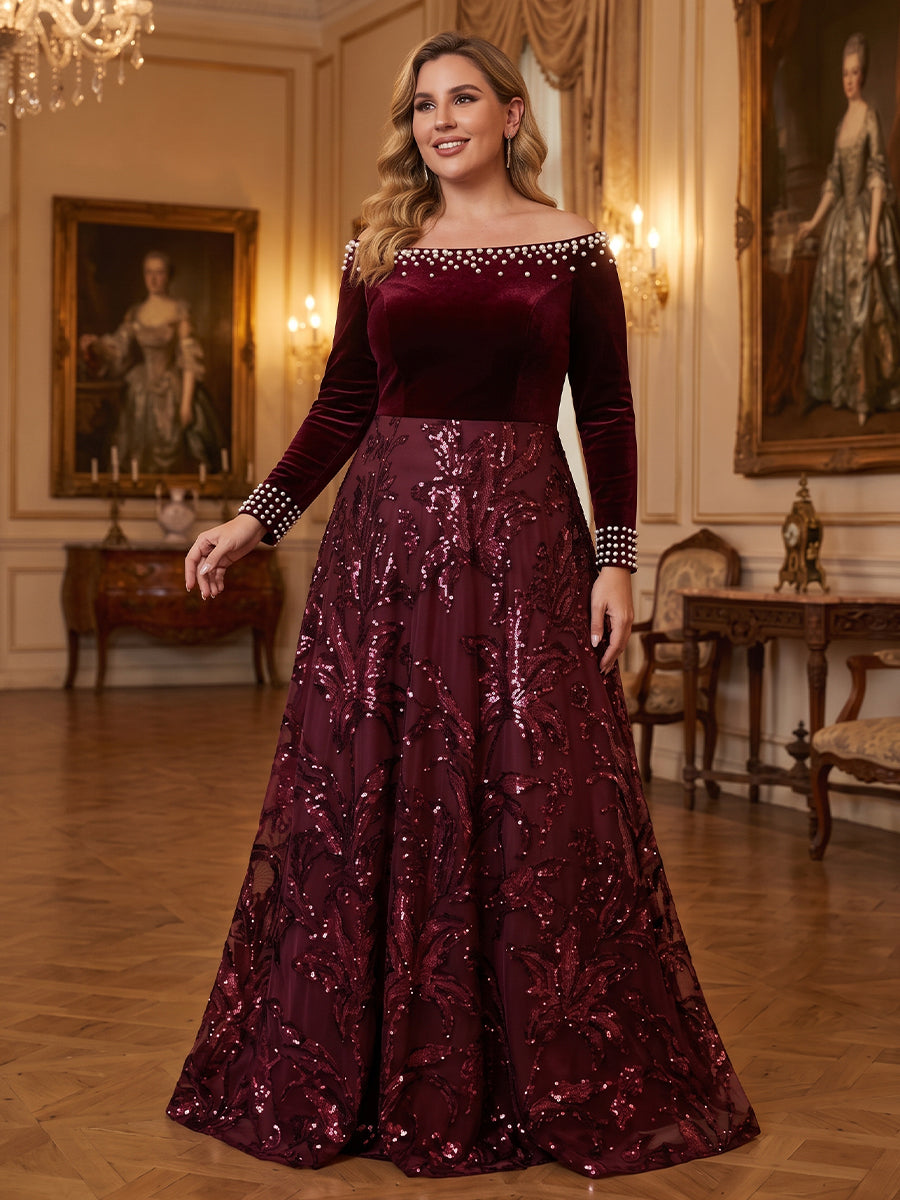Velvet Sequin Long Sleeves A Line Mother of the Bride/Groom Dresses Off the Shoulder Floor Length with Pearl