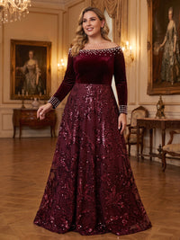 Velvet Sequin Long Sleeves A Line Mother of the Bride/Groom Dresses Off the Shoulder Floor Length with Pearl