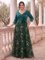 Satin Sequin Long Sleeves Mother of the Bride/Groom Dresses V Neck A Line Floor Length with 3D Flower