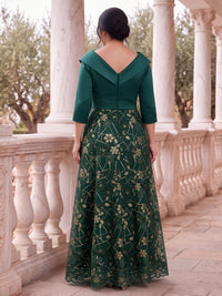 Satin Sequin Long Sleeves Mother of the Bride/Groom Dresses V Neck A Line Floor Length with 3D Flower