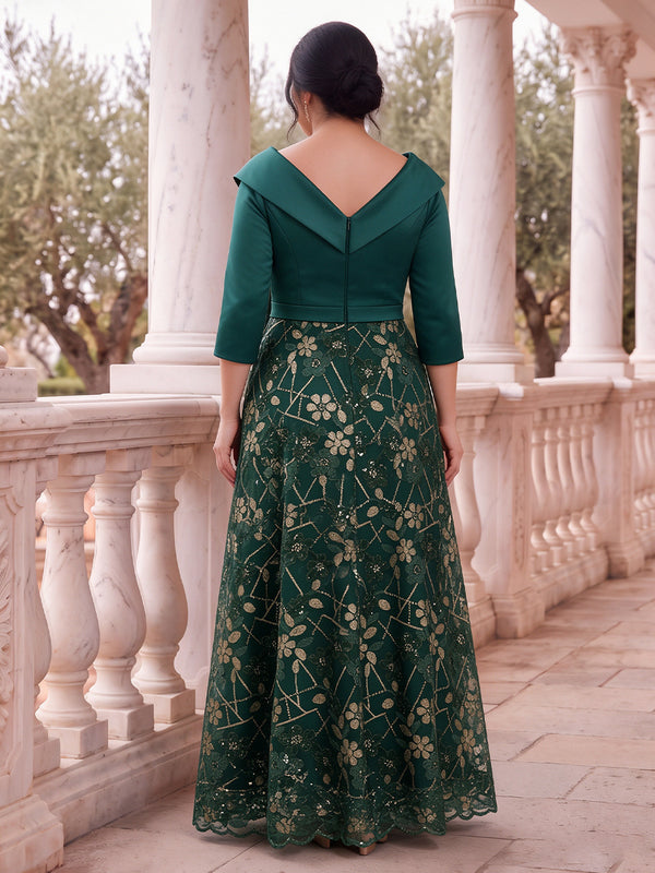 Satin Sequin Long Sleeves Mother of the Bride/Groom Dresses V Neck A Line Floor Length with 3D Flower