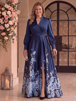 Satin Long Sleeves Mother of the Bride/Groom Dresses V Neck A Line Floor Length with Slit