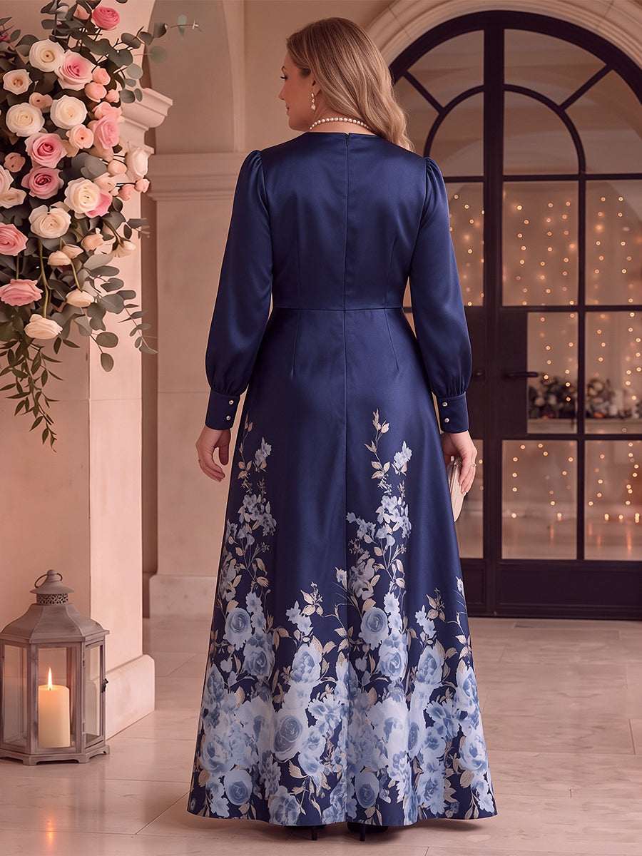 Satin Long Sleeves Mother of the Bride/Groom Dresses V Neck A Line Floor Length with Slit