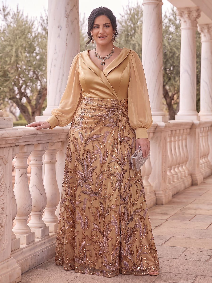 Long Sleeves Satin Sequin Mother of the Bride/Groom Dresses V Neck A Line Floor Length
