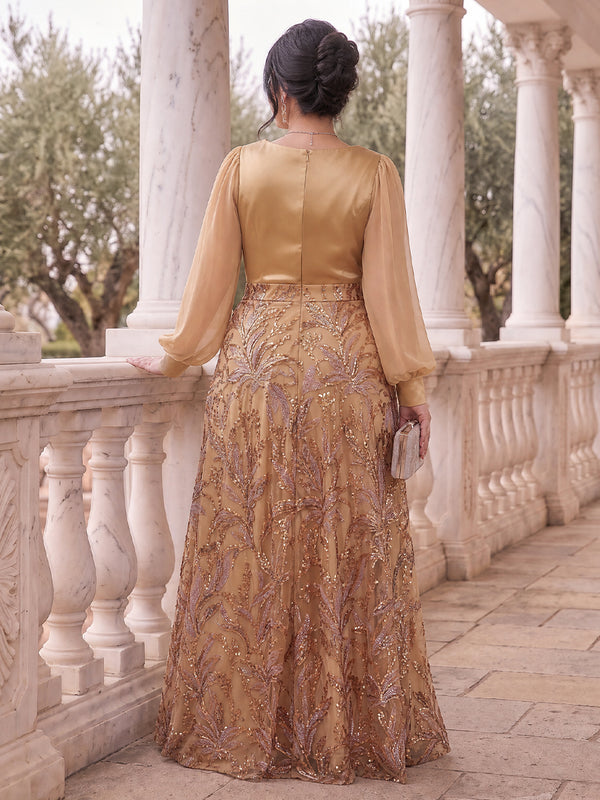 Long Sleeves Satin Sequin Mother of the Bride/Groom Dresses V Neck A Line Floor Length