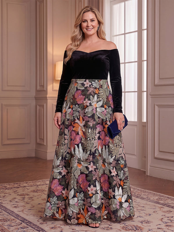 Velvet Sequin Long Sleeves Mother of the Bride/Groom Dresses Off the Shoulder A Line Floor Length
