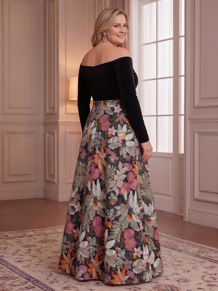 Velvet Sequin Long Sleeves Mother of the Bride/Groom Dresses Off the Shoulder A Line Floor Length