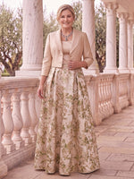 2 Pieces Jacquard Long Sleeves Mother of the Bride/Groom Dresses Scoop Neck A Line Floor Length