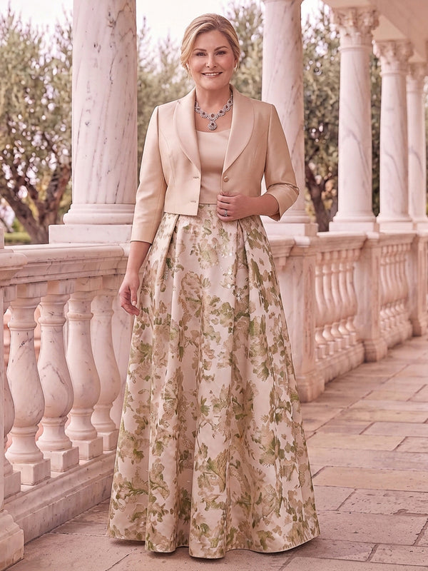 2 Pieces Jacquard Long Sleeves Mother of the Bride/Groom Dresses Scoop Neck A Line Floor Length