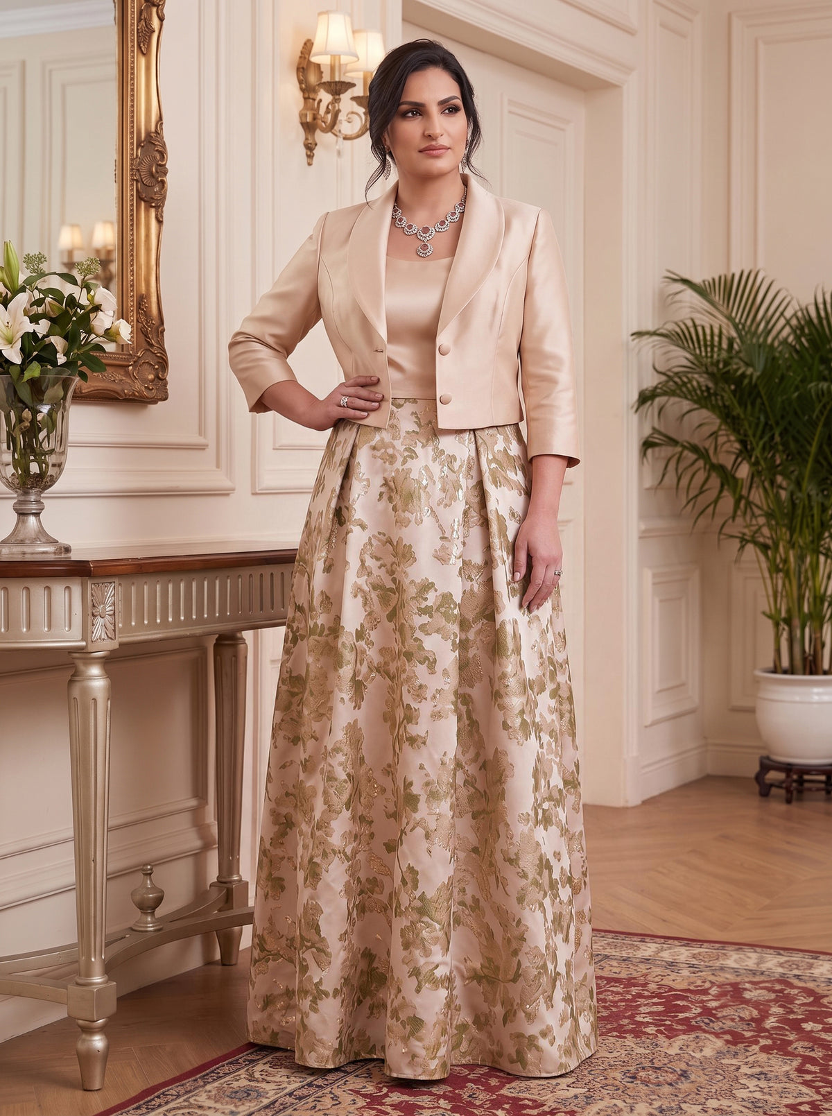 2 Pieces Jacquard Long Sleeves Mother of the Bride/Groom Dresses Scoop Neck A Line Floor Length