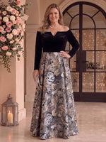 Velvet Jacquard Long Sleeves Mother of the Bride/Groom Dresses Off the Shoulder A Line Floor Length
