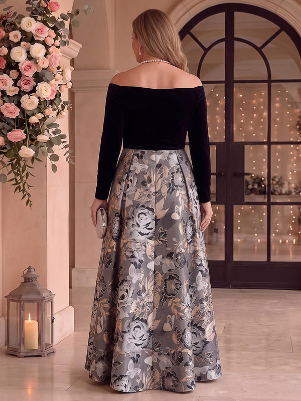 Velvet Jacquard Long Sleeves Mother of the Bride/Groom Dresses Off the Shoulder A Line Floor Length