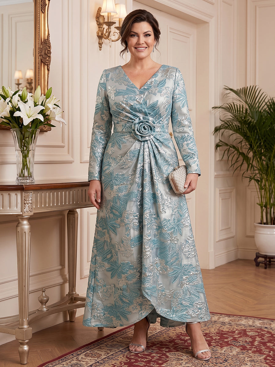 Jacquard Long Sleeves Mother of the Bride/Groom Dresses V Neck Ankle Length A Line with 3D Flower
