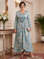 Jacquard Long Sleeves Mother of the Bride/Groom Dresses V Neck Ankle Length A Line with 3D Flower