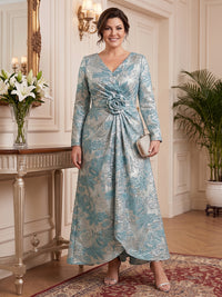 Jacquard Long Sleeves Mother of the Bride/Groom Dresses V Neck Ankle Length A Line with 3D Flower
