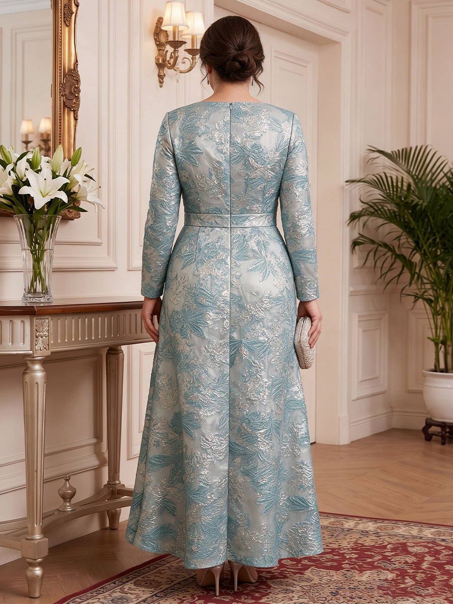 Jacquard Long Sleeves Mother of the Bride/Groom Dresses V Neck Ankle Length A Line with 3D Flower