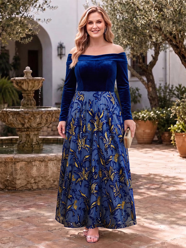 Velvet Sequin Long Sleeves Off the Shoulder Mother of the Bride/Groom Dresses Floor Length A Line