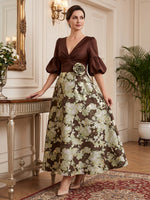 Jacquard Long Sleeves V Neck Mother of the Bride/Groom Dresses Ankle Length A Line with 3D Flower