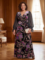 Long Sleeves Velvet Mother of the Bride/Groom Dresses V Neck A Line Floor Length