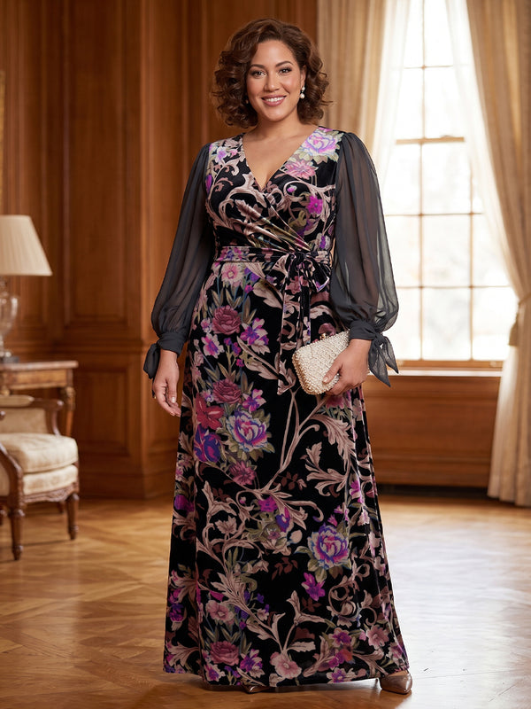 Long Sleeves Velvet Mother of the Bride/Groom Dresses V Neck A Line Floor Length