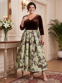 Long Sleeves Jacquard V Neck Mother of the Bride/Groom Dresses Ankle Length A Line