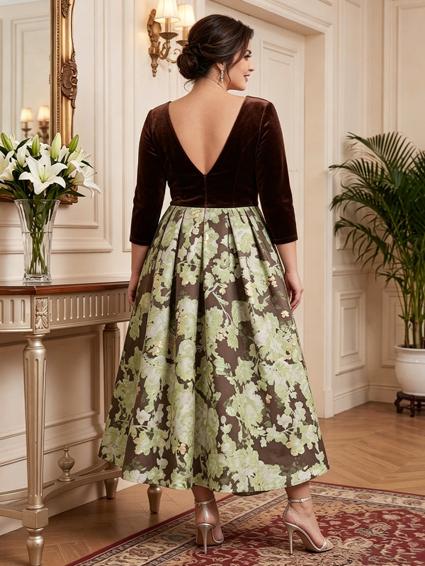 Long Sleeves Jacquard V Neck Mother of the Bride/Groom Dresses Ankle Length A Line