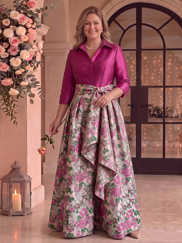 Jacquard Long Sleeves Floor Length Mother of the Bride/Groom Dresses V Neck A Line