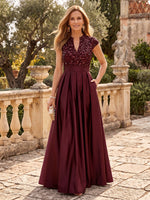 Sequin Satin Cap Sleeves Floor Length Mother of the Bride/Groom Dresses V Neck A Line Pleated with Pocket