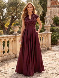 Sequin Satin Cap Sleeves Floor Length Mother of the Bride/Groom Dresses V Neck A Line Pleated with Pocket