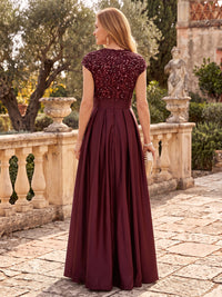 Sequin Satin Cap Sleeves Floor Length Mother of the Bride/Groom Dresses V Neck A Line Pleated with Pocket