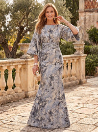 Jacquard 3/4 Sleeves Floor Length Mother of the Bride/Groom Dresses Scoop Neck Mermaid/Sheath