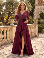 Satin Long Sleeves Floor Length Mother of the Bride/Groom Dresses V Neck A Line with Slit