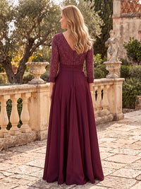 Satin Long Sleeves Floor Length Mother of the Bride/Groom Dresses V Neck A Line with Slit