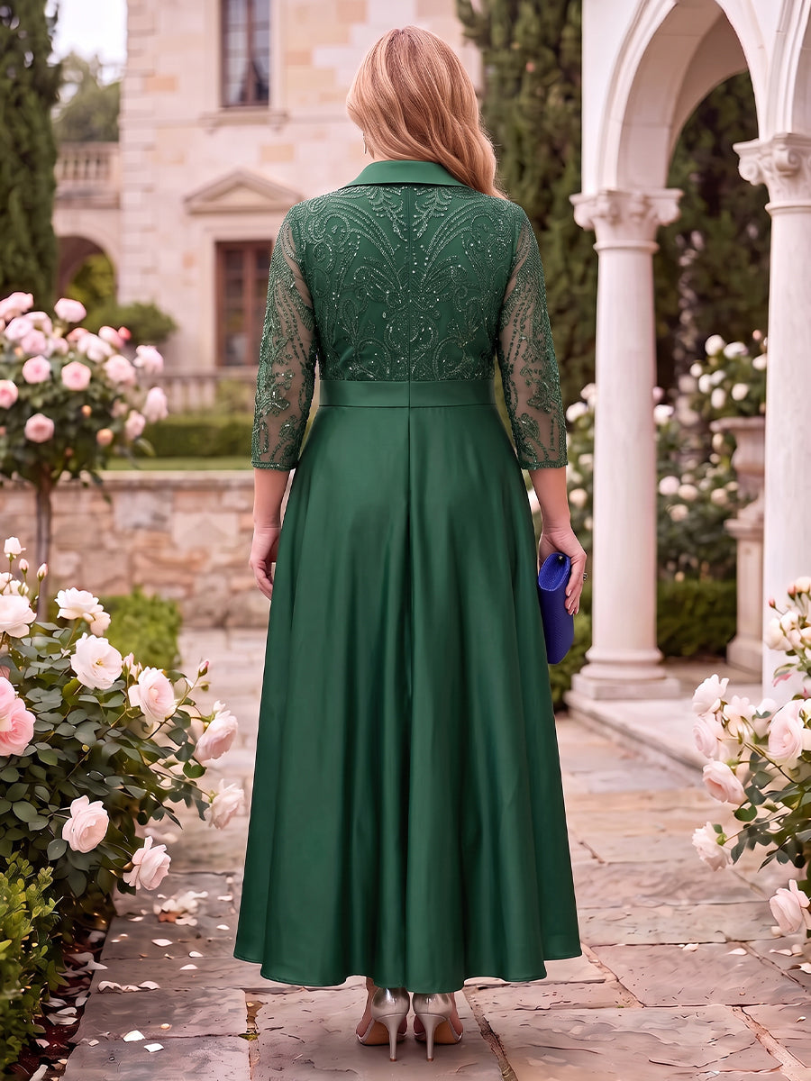 Satin 3/4 Sleeves Mother of the Bride/Groom Dresses V Neck A Line Ankle Length