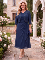 2 Pieces Chiffon 3/4 Sleeves Mother of the Bride/Groom Dresses Scoop Neck Sheath Ankle Length with Jacket