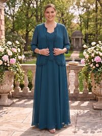 2 Pieces Chiffon Long Sleeves Mother of the Bride/Groom Dresses with Jacket A Line Floor Length Scoop Neck