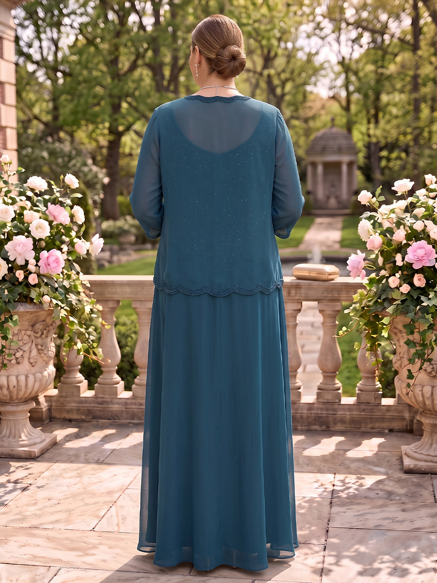 2 Pieces Chiffon Long Sleeves Mother of the Bride/Groom Dresses with Jacket A Line Floor Length Scoop Neck