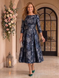 Jacquard 3/4 Sleeves Tea Length Mother of the Bride/Groom Dresses Scoop Neck A Line