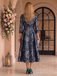 Jacquard 3/4 Sleeves Tea Length Mother of the Bride/Groom Dresses Scoop Neck A Line