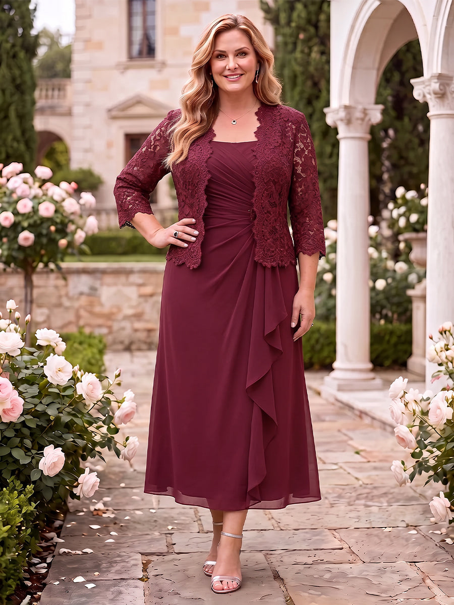 2 Pieces Chiffon 3/4 Sleeves Mother of the Bride/Groom Dresses with Jacket Scoop Neck Sheath Ankle Length