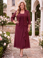 2 Pieces Chiffon 3/4 Sleeves Mother of the Bride/Groom Dresses with Jacket Scoop Neck Sheath Ankle Length