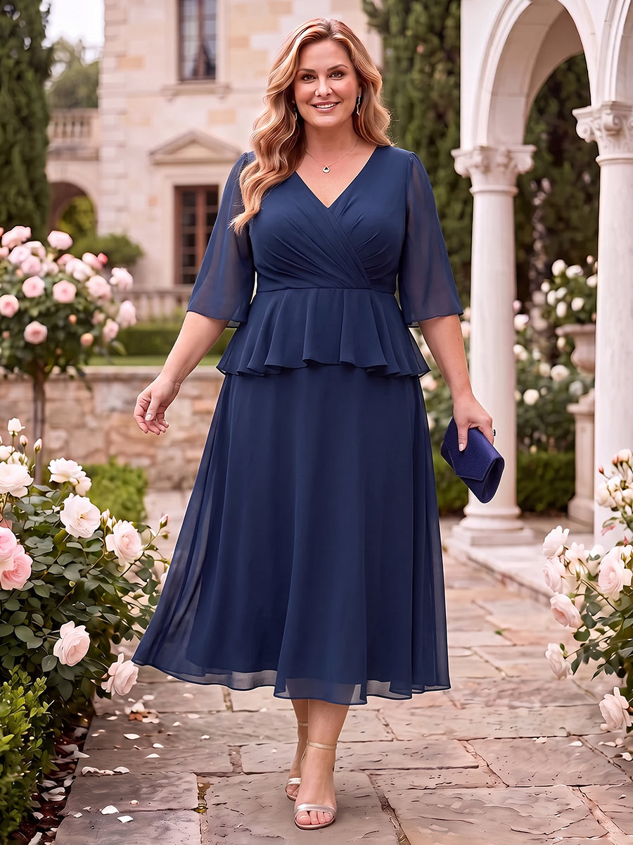 Chiffon 3/4 Sleeves Mother of the Bride/Groom Dresses V Neck A Line Ankle Length