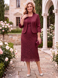 2 Pieces Lace 3/4 Sleeves Mother of the Bride/Groom Dresses with Jacket  Ankle Length Scoop Neck Sheath