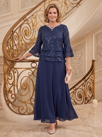Tiered Chiffon Mother of the Bride/Groom Dresses A Line Scoop Neck 3/4 Sleeves Floor Length