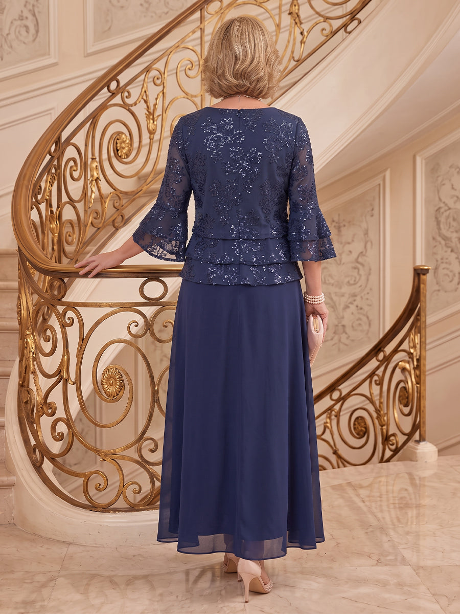 Tiered Chiffon Mother of the Bride/Groom Dresses A Line Scoop Neck 3/4 Sleeves Floor Length