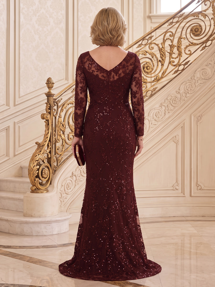Long Sleeves Sequin Mermaid/Sheath Round Neck Floor Length Mother of the Bride/Groom Dresses