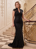 Plus Size Cap Sleeves Sequin Mermaid Stand Collar Mother of the Bride/Groom Dresses Floor Length